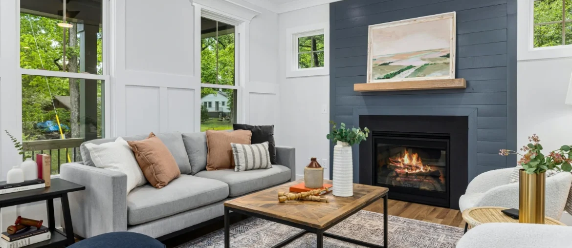 Fireplace With Black Brick Wall In White Room